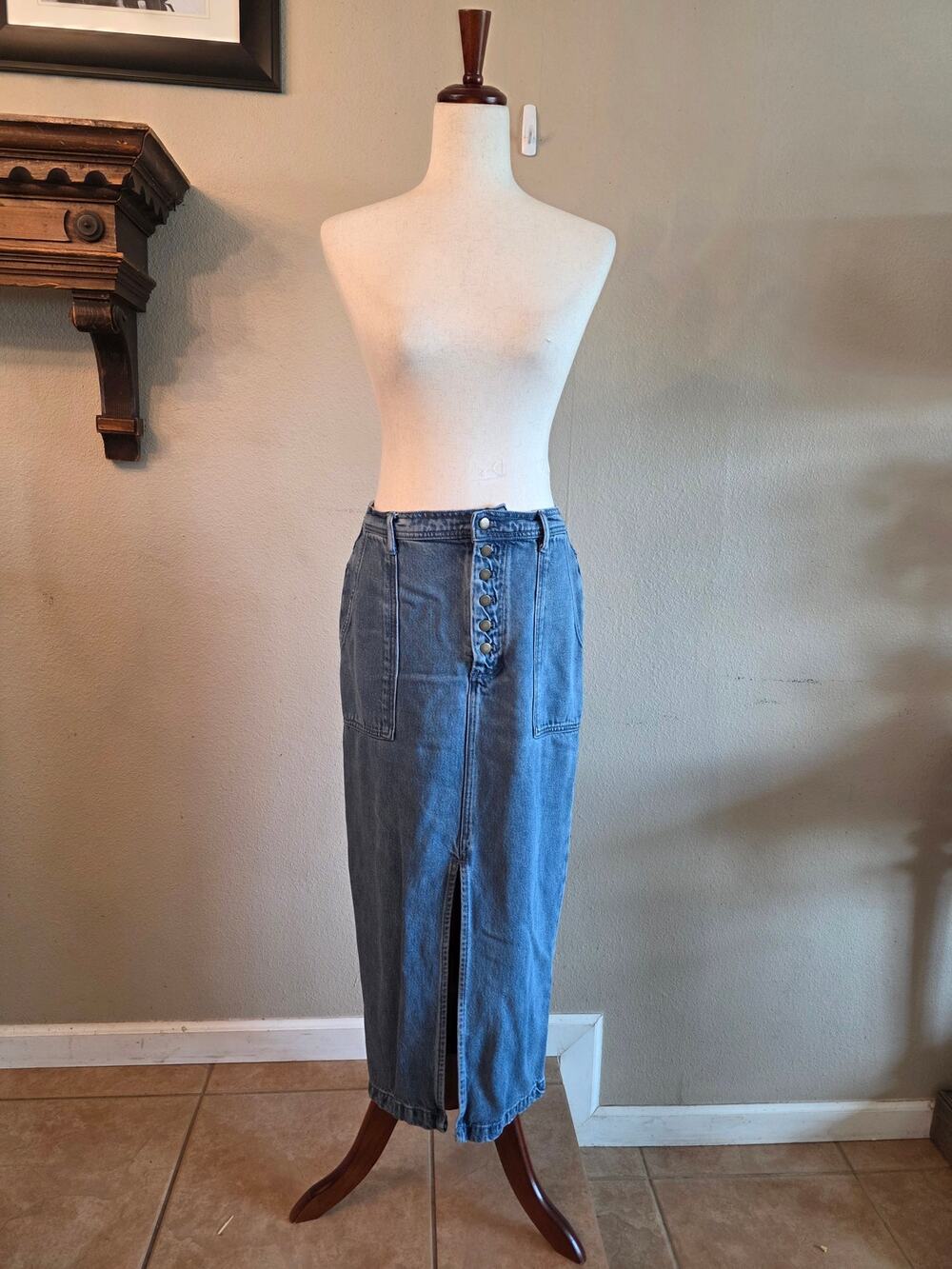 Young Fabulous & Broke Denim Long Jean Skirt Button Fly Patch Pockets SZ Small